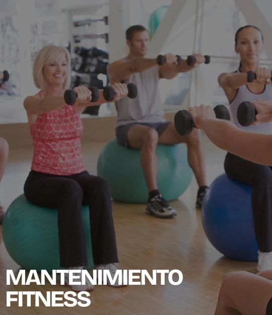 Grupo de personas sentadas sobre pelotas de ejercicio realizando levantamientos frontales con mancuernas, con el texto “MANTENIMIENTO FITNESS” en la parte inferior.